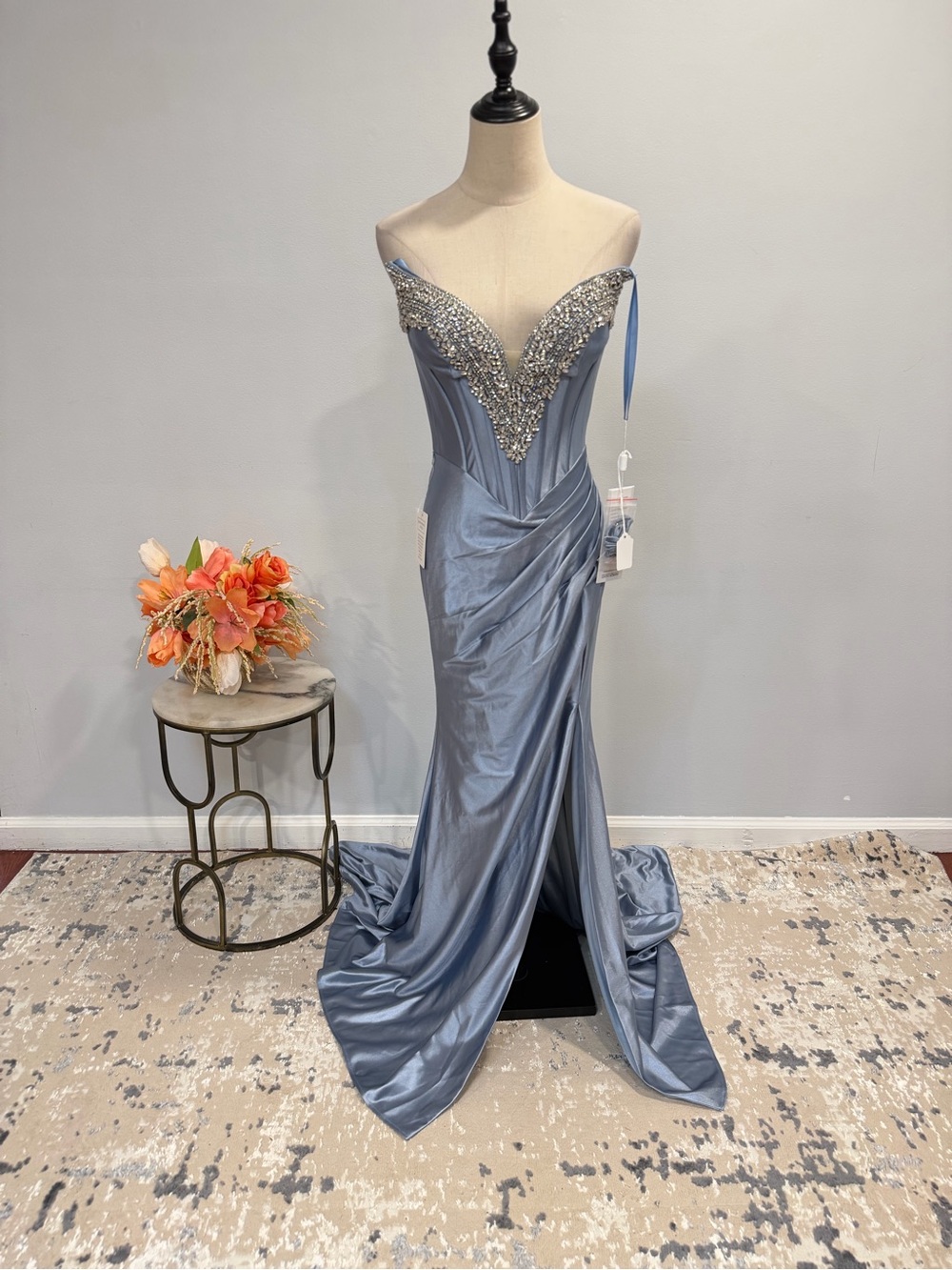 Colors Dress Blue Gray Crystal Rhinestone Embellished Strapless Evening Gown